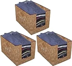 Kuber Industries Metalic Printed 3 Piece Non Woven Shirt Stacker Wardrobe Organizer Set, (Beige)