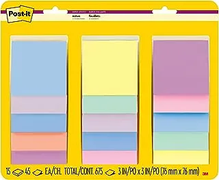 Post-it Super Sticky Notes, 3x3 in, Assorted Pastel Colors, 15 Pads, 2X The Sticking Power, Recyclable (654-15SSPS)