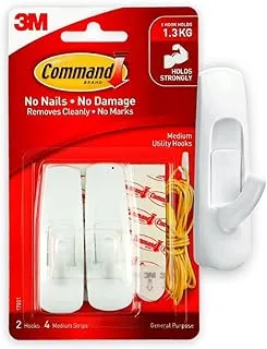 Command Utility Medium Hooks White color, 2 hooks + 4 strips/pack | Holds 1.36 kg each hook| Organize | Decoration | No Tools | Holds Strongly | Damage-Free Hanging