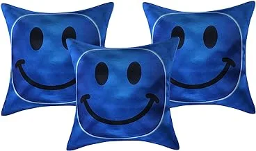 طقم غطاء وسادة مخملي من Kuber Industries Smiley Design مكون من 3 قطع - 16 بوصة × 16 بوصة ، أزرق