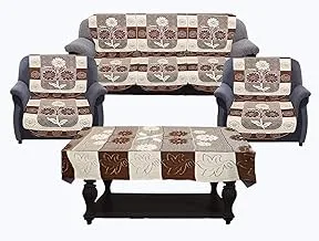 Kuber Industries Flower Cotton 7 Piece 5 Seater Sofa Cover With Center Table (Brown)