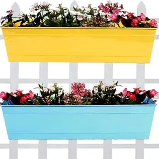 TrustBasket Rectangular Railing Planter Yellow and Teal (23 Inch) - Set of 2