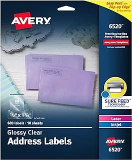 ملصقات عنوان إرجاع شفافة كريستالية من Avery لطابعات الليزر وطابعات نفث الحبر ، 2/3 