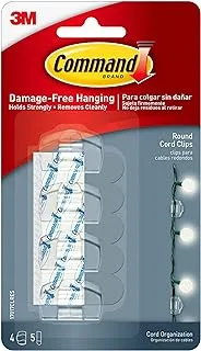 Command Round Cord Small Hanging Clips Clear color, 4 hooks +5 strips/pack | Holds 225 gr. each clip | Organize | Decoration | No Tools | Holds Strongly | Damage-Free Hanging