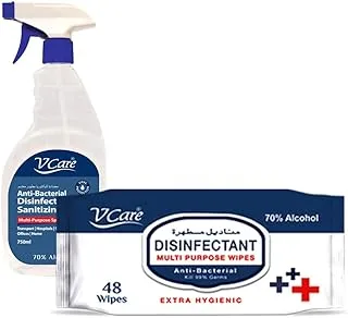 V Care Multipurpose Antibacterial Disinfectant Sanitizing Spray 750Ml Spray + Vcare Disinfectant Multi-Purpose Anti Bacterial Wipes 48'S