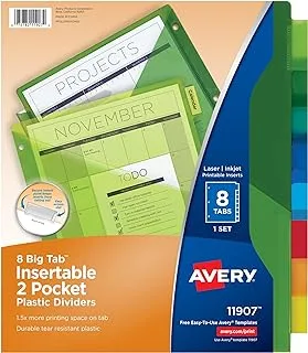 Avery 8-Tab Plastic Binder Dividers With Pockets, Insertable Multicolor Big Tabs, 1 Set (11907)