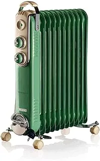 Ariete Vintage Oil Radiator with 11 Heating Elements, Adjustable Temp at 3 Power Levels 1100W, 1500W, 2500W, Swivel Wheels, Fast Room Heater Ideal for Bedroom, Home and Office - Green ‎ART839