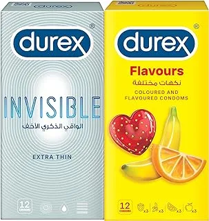 Durex Invisible Extra Thin Lubricated Condom, Pack of 12 + Durex Flavour Condom, Pack Of 12