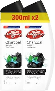 LIFEBUOY Antibacterial Body Wash, Charcoal & Mint, for 100% stronger germ protection* & hygiene, 300ml x 2