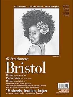 Strathmore 400 Series Bristol Paper Pad, Smooth, Tape Bound, 9x12 inches, 15 Sheets (2-ply) - Artist Paper for Adults and Students - Markers, Pen and Ink