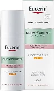 Eucerin DermoPurifyer سائل الوجه الواقي للتحكم في الزيوت للحماية من علامات ما بعد حب الشباب، حماية من الأشعة فوق البنفسجية فئة A وB، عامل حماية من الشمس 30، حماية يومية للبشرة المعرضة لحب الشباب، مضاد للمعان، لمسة نهائية غير لامعة تدوم طويلاً، 50 مل