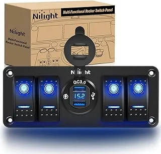 Nilight 4 Gang Rocker Switch Panel With Usb Charger Voltmeter Waterproof 12V-24V Dc Rocker Switch With Qc3.0 Dual Usb Charger And Night Glow Stickers For Cars Trucks Boats Rv,2 Years Warranty