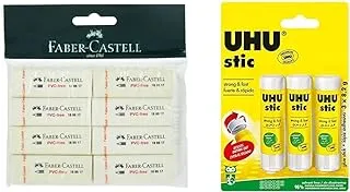 Faber-Castell Pvc-Free Eraser Big Poly Bag Of 8Pc & Solvent Free Glue Stick 8.2Gm 3Pc, Clear,The Proven Glue Stick - Glues Strongly, Quickly And Permanently, Without Solvent, 041275