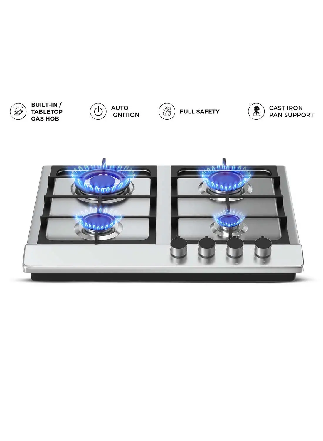 NIKAI 4 Burner Gas Hob With Auto Ignition, Cast Iron Support, Full Safety Features, Straight Flame, Stainless Steel Body, Rapid Burner, Semi-Rapid Burner, Auxiliary Burner NGH3005N Silver