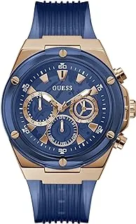 GUESS Men's Sport Multifunction 46mm Watch Blue Dial Rose Gold Tone Stainless Steel Case with Blue Bio Based Polyurethane Strap, Blue/Rose Gold Tone, GW0425G3, Gents