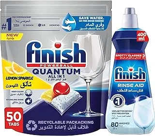 Finish Powerball Quantum All in 1 for Deep Clean & Sparkling Shine, Lemon Sparkle - 50 tabs + Finish Dishwasher Rinse Aid, 400ml