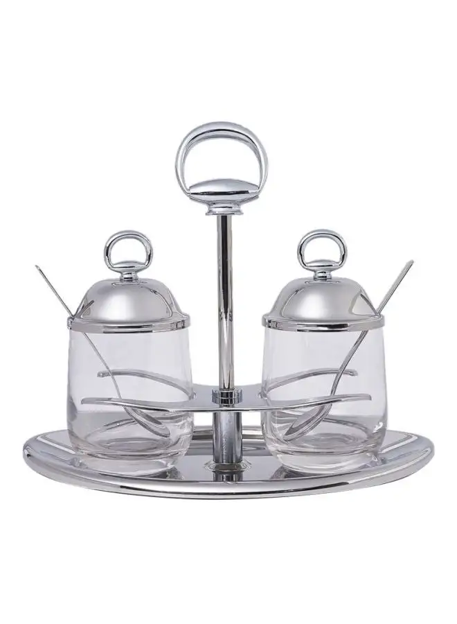 REGENT Lux Ss Double Jam Dish Set Included 1xDish Holder 25x15x19 cm, 2x Jars 12x7 cm, 2xSpoons Clear/Silver 11cm