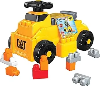 Mega Bloks CAT Build 'n Play Ride-On Building Set ، 10 مكعبات بناء كبيرة ومركبة ركوب واحدة مع عجلة قيادة تدور مجانًا و 4 أسطح بناء ، مجموعة هدايا ألعاب للأعمار من 1-3 سنوات