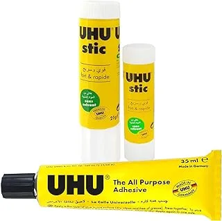 UHU Glue Stick Solvent Free 21G+Glue Stick 8.2G+ All Purpose Glue 35ml