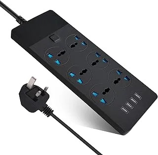 SKY TOUCH SKY-TOUCH Universal Power Strips Extension Cord 6 Outlets, Plug Adapter with 4 USB Ports Surge Protector, Charging Socket with 2M Bold Extension Cord (Black)