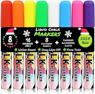 W OUTWIT Chalk Markers, Erasable Chalkboard Neon Pens for Kids Art, 8 Packs Non-Toxic Window Markers with Chisel or Fine Tip,16 Labels, Drawing Markers for Chirsmas Menu Board Kids Gift