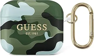 CG MOBILE Guess TPU Shinny Camouflage Case with Anti-Lost Carabiner Compatible for AirPods 3 - Stylish Design 360° Protection - Dustproof - Scratch & Drop Resistance Cover Officially Licensed (Kaki)