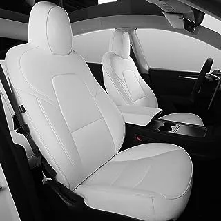 Xipoo Fit Tesla Model Y Car Seat Cover PU Leather Cover Fully Wrapped All Season Protection for Tesla Model Y 2020 2021 2022 2023(White-PU, Model Y(Fully Wrapped 12 Pcs))