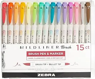 Zebra Pen Mildliner Brush Marker, Double Ended Brush and Fine Tip Pen, Assorted Soft Colors, 15 Pack