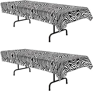 Beistle Zebra Print Tablecovers, 54” x 108”, 2 Pieces – Plastic Table Cloth, Animal Print Tablecloth, Animal Safari Theme Decorations, Rectangular Table Cover, Zebra Stripe Decorations