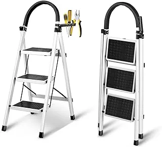 SKY-TOUCH Foldable Ladder 3 Steps, Home Ladder Folding Step Stool with Wide Anti-Slip Pedal, Adults Folding Sturdy Steel Ladder for Home,Kitchen, Garden, Office