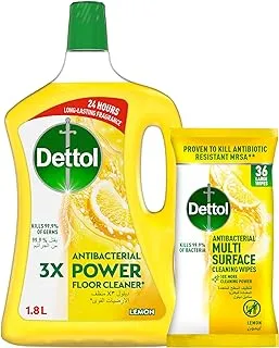 Dettol Lemon Antibacterial Power Floor Cleaner 1.8L + Dettol Lemon Antibacterial Multi Surface Cleaning Wipes, Pack Of 36, Large Wipes