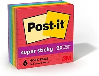 Post-It Super Sticky Notes, 4X4 In, 6 Pads, 2X The Sticking Power, Marrakesh Collection, Primary Colors (Red, Yellow, Green, Blue, Purple), Recyclable(675-6Ssan)