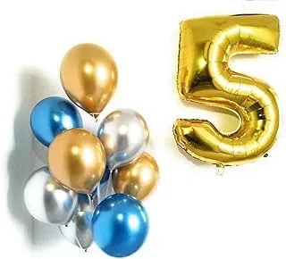 PARTY TIME - 10 Pieces Set - Number 5 Gold Foil Balloons - 16 Inch | 9 Latex Balloons 12