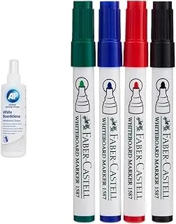 AF WHITEBOARD CLEANER 250ML - WHITE BOARDCLENE - WHITEBOARD CLEANING SOLUTION & Faber Castell Whiteboard Marker Bullet Set Of 4Pc + Duster, ASSORTED, 1587D