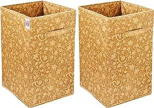 Fun Homes Metalic Floral Print Non Woven Fabric Foldable Laundry Basket , Toy Storage Basket, Cloth Storage Basket With Handles ,60Ltr(Set Of 2, Beige)-FHUNH16442