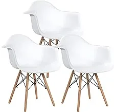 Furniture Set of 3 White - Eames Style Armchair with Natural Wood Legs Eiffel Dining Room Chair - Lounge Chair Arm Chair Arms Chairs Seats Wooden Wood Leg Base Molded Plastic