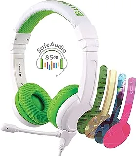 BuddyPhones SCHOOL PLUS - Volume-Safe Audio Headset for Kids, Foldable, Adjustable, w/Detachable 3.5mm Jack & High-Performance Beam Microphone, Perfect Home/On-line Study, Super Durable Green