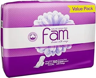 FAM Classic With Wing Natural Cotton Feel,Maxi Thick, Super Sanitary Pads, 50 Pads