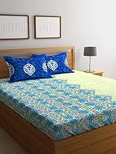 Portico Vienna Cotton Flat Queen Bedsheet With 2 Pillow Cover- Printed, Blue, Green, 224X254Cm