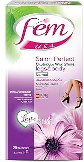 FEM USA Body Wax Strips, Enriched With Calendula, For Normal Skin - 20 Strips With Post-Wax Skin Wipes