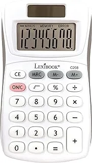 Lexibook - 8 Digit Pocket Calculator - Basic and Memory Function - Soft Silicone Keys for Office, School, Home - Solar & Batteries - White/Gray - C208