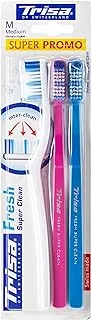 Trisa Fresh Super Clean Medium Adult Toothbrush With Travel Cap, Swiss Made, Finest Swiss Oral Care, Perfectly Rounded Filament Ends, Assortment Pack of 3.