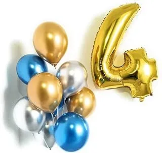 PARTY TIME - 1 Piece Number 4 Gold Foil Balloon 16 Inch | Pack of 9 Chrome Latex Balloons 12 Inch | 4th Birthday Latex Balloons for Birthday Party, Anniversary Decoration (FREE Ribbon)