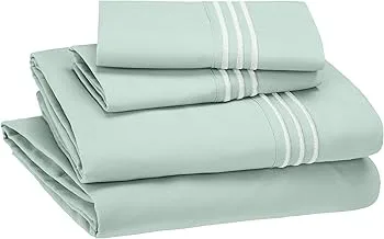 Amazon Basics Easy-Wash Embroidered Hotel Stitch 120 GSM Sheet Set - Queen, Seafoam Green