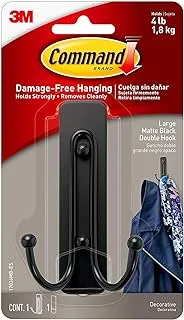 Command Metal Matte Large Double hook Black color, 1 hook and 2 strips/pack | holds 1.8 kg | Organize | Decoration | No Tools | Holds Strongly | Damage-Free Hanging