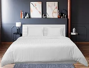 Hotel Linen Queen Duvet Cover 3Pc Set , 100% Cotton 250Tc Sateen 1 Inch Stripe , Size: 245X245cm + 2Pc Pillowcases 50X75cm , White