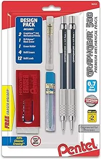 Pentel Graphgear 500 Automatic Pencil Kit, 0.7mm, Refill Leads, Block Eraser 2 Pack (Pg527Lebp2)