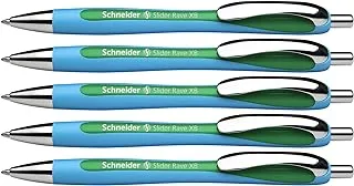 Schneider Slider Rave XB (Extra Broad) Ballpoint Pen, Refillable + Retractable, 1.4 mm, Light Blue Barrel, Green Ink, Box of 5 Pens (132504)