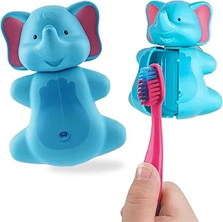 Flipper Hygienic Kids Toothbrush Holder with Suction Cups, Patented Design, One Touch Open & Close, For Home or Travel, Made in Malaysia, Fun Animal Elephant, 3Y+