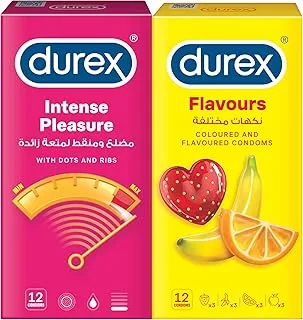 Durex Flavour Condom, Pack Of 12 + Durex Intense Pleasure Condom, Pack Of 12